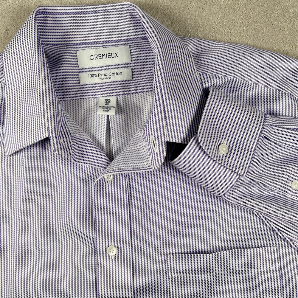 Cremieux Button Up Dress Shirt Purple/White‎ Stripes Pima Cotton Mens 16.5 35